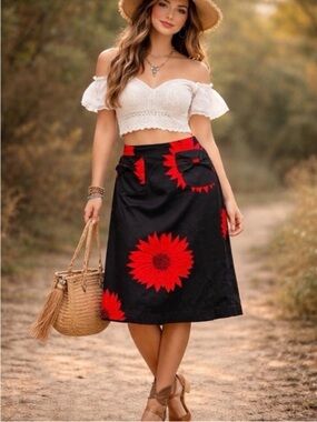 Nordstrom Grace Dane Lewis Black Red Floral Sunflower Skirt NWT